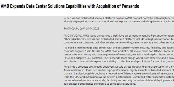 AMD宣布收购云服务提供商PensandoSystems